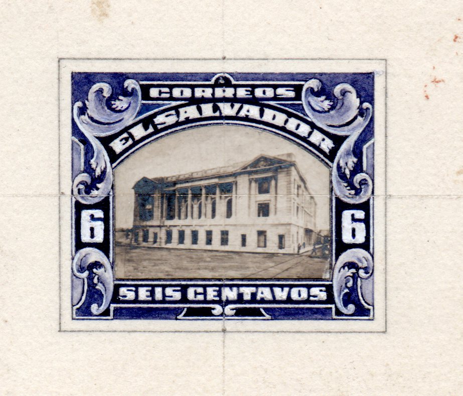 ABN 6c hand-painted essay issued stamp timbres-poste Briefmarken El Salvador Tram Trolley Tranvia National Theatre teatro nacional 